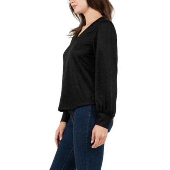 Fever Ladies Rib Knit Long Sleeve V-neck Top Black - Size XL NWT - Picture 3 of 5